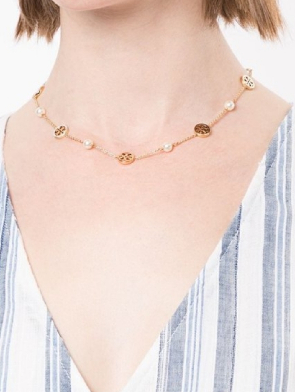 Tory Burch-Miller Pearl Logo Station Necklace (Rose 🌹 Gold)